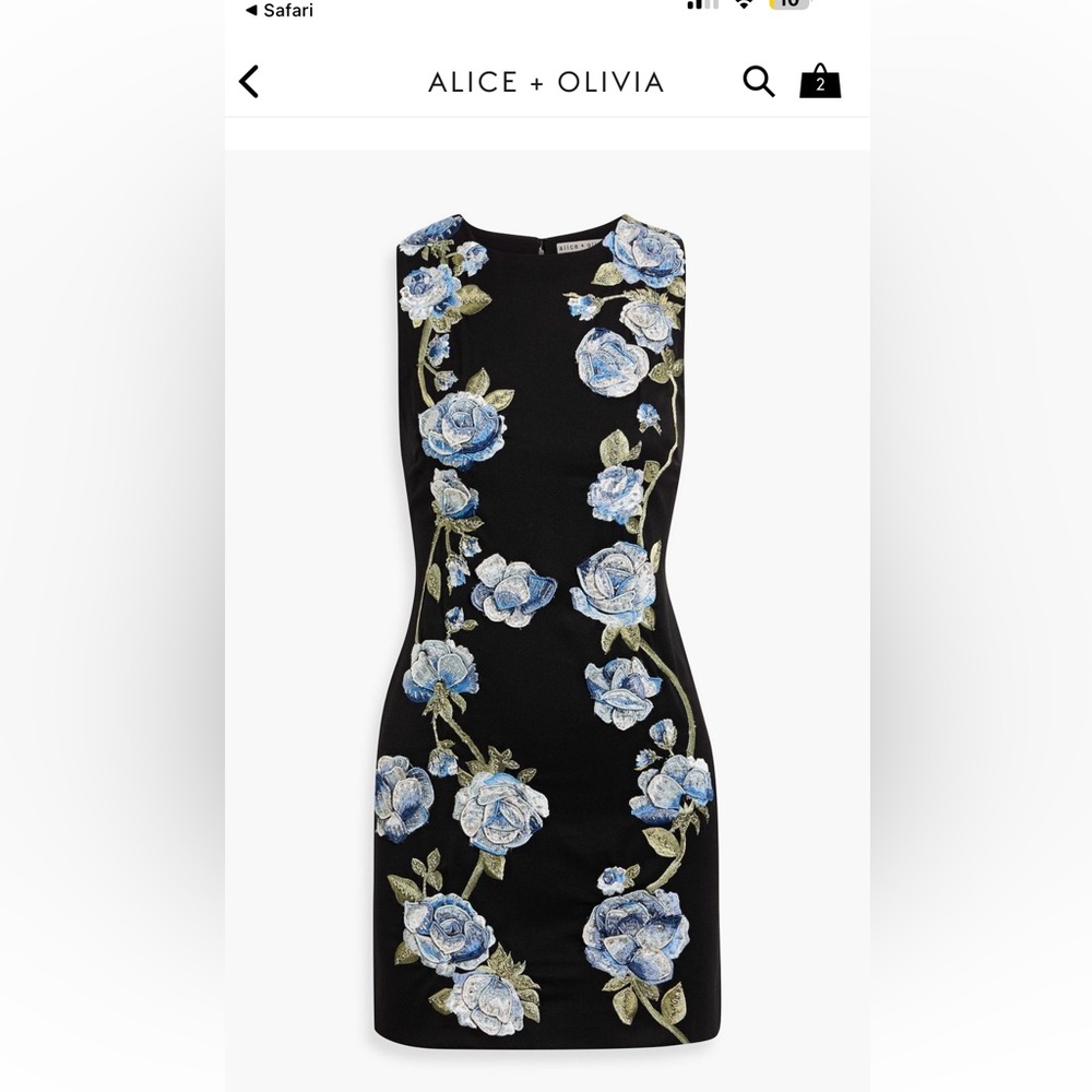 Alice + Olivia Black Dress with Blue Floral Embroidery new